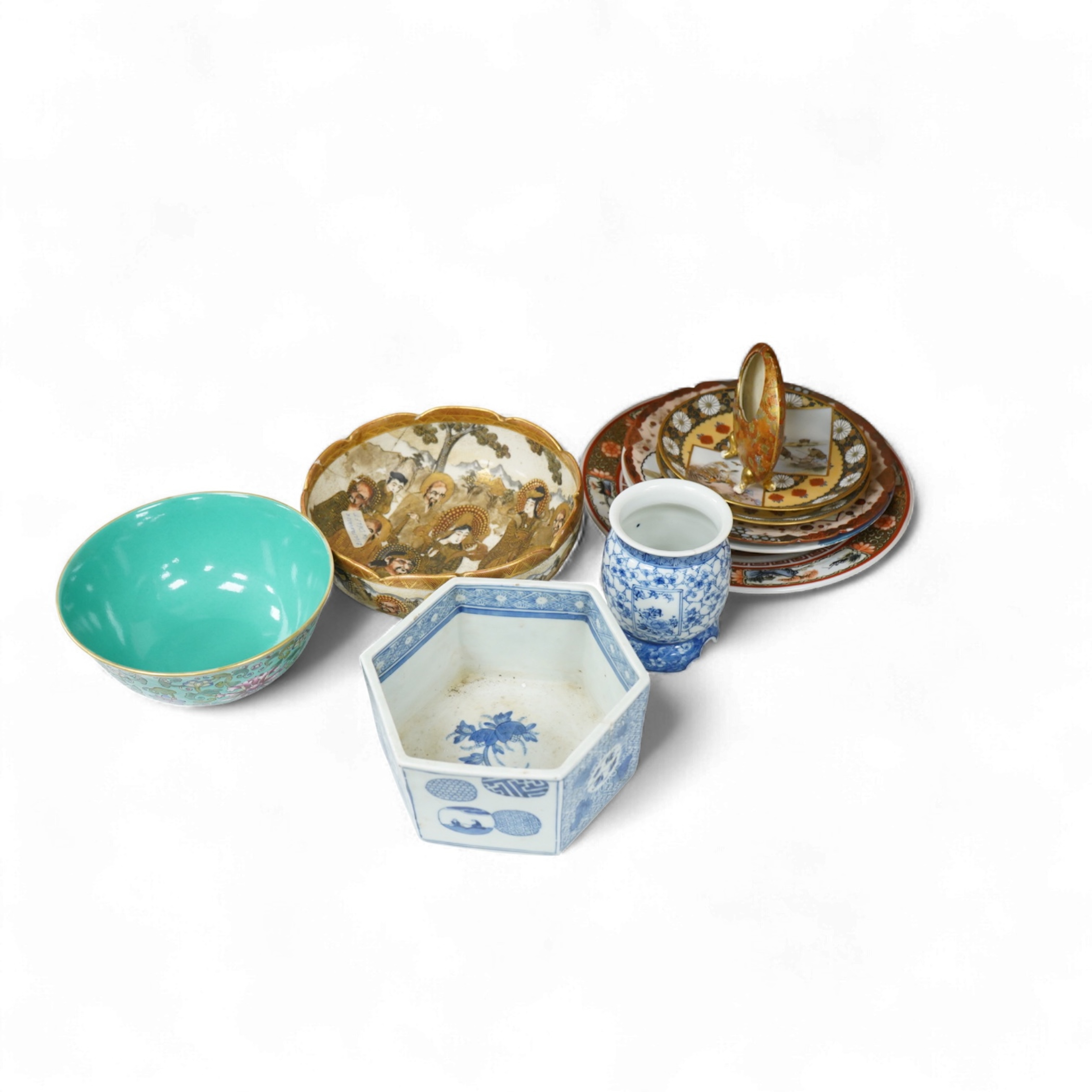 Mixed Japanese and Chinese bowls, vases and plates, largest 18cm diameter